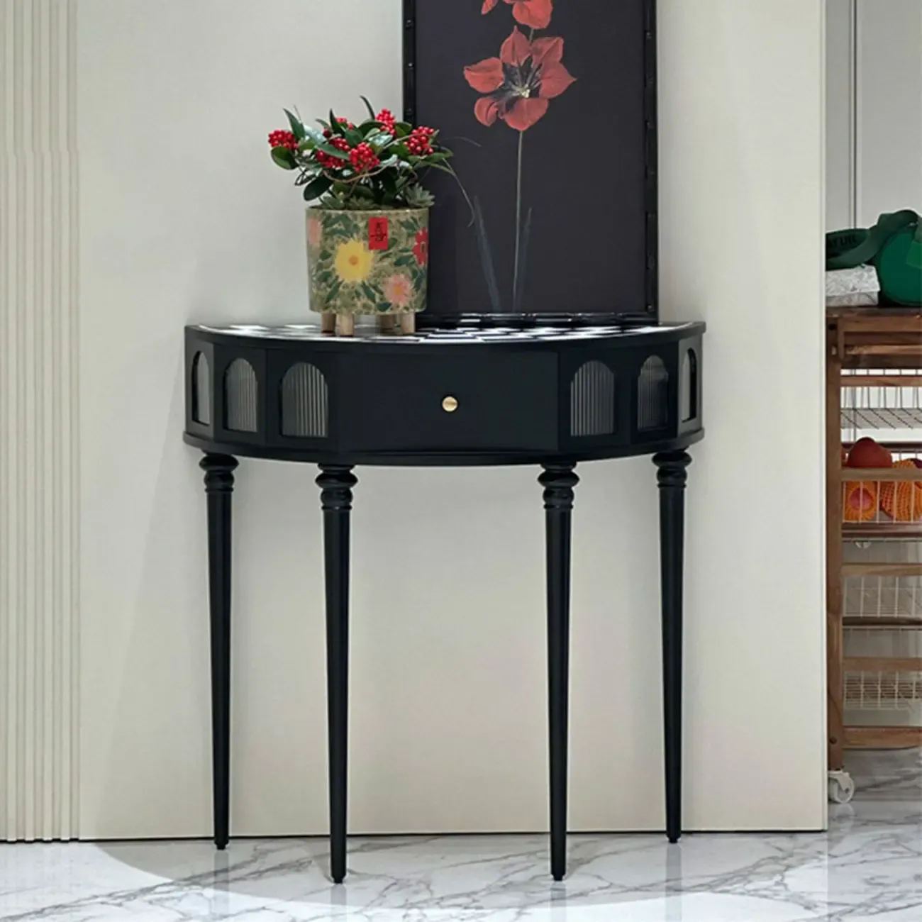 Mid-Century Black Wooden Half-Moon Console Table Image - 3