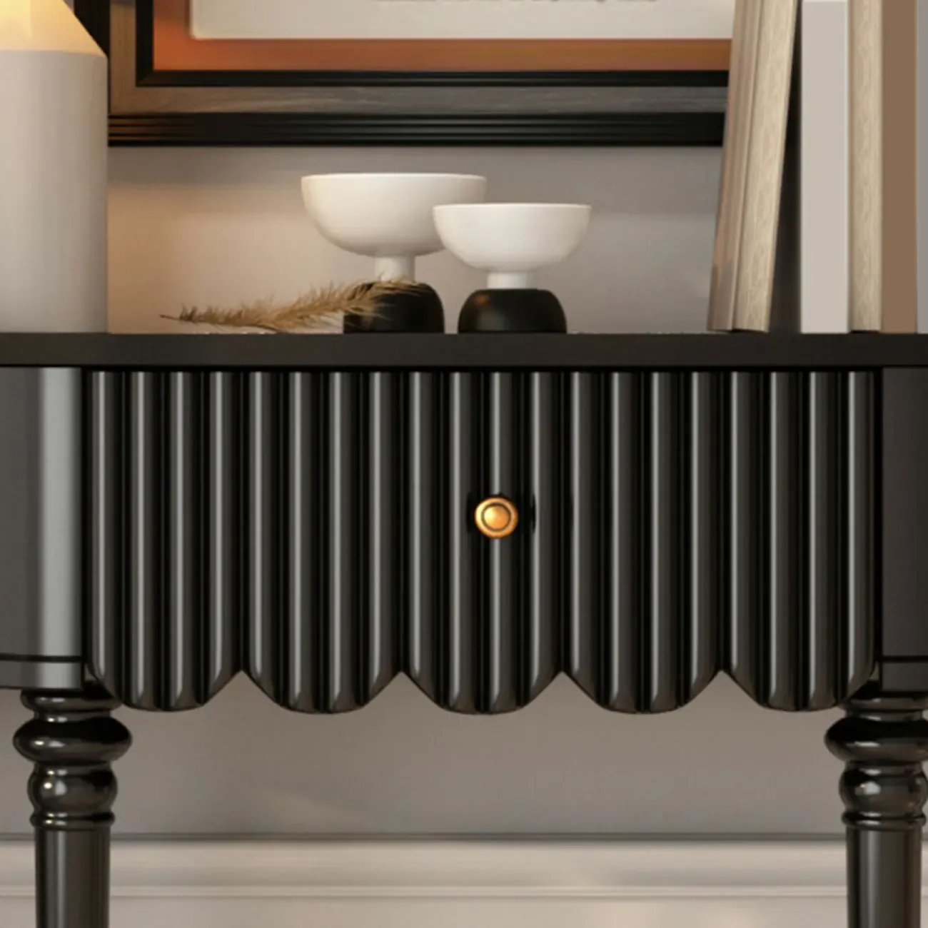 Mid-Century Black Wooden Half-Moon Console Table Image - 8