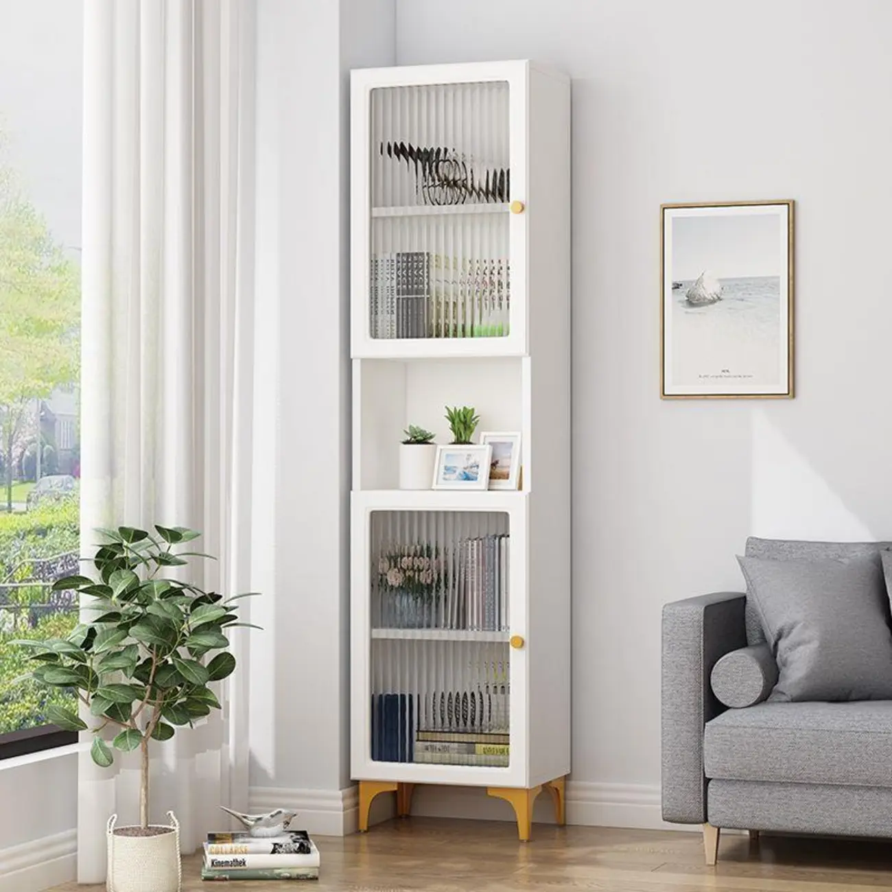 71.5" Wooden White Display Cabinet with Glass Doors for Save Space Image - 1 | homeyfad