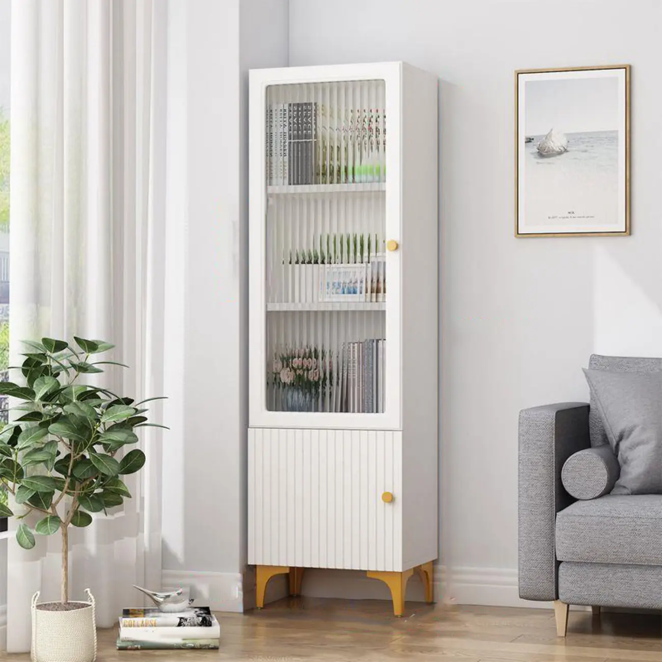 71.5" Wooden White Display Cabinet with Glass Doors for Save Space Image - 2 | homeyfad