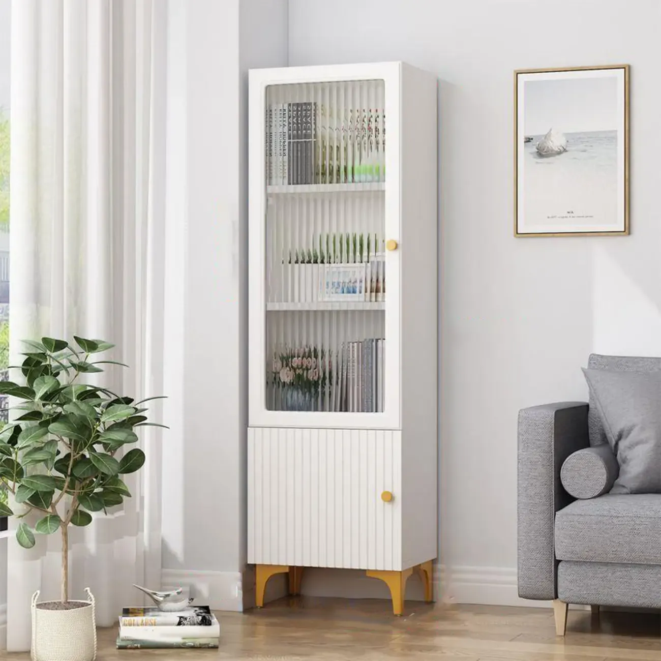 71.5" Wooden White Display Cabinet with Glass Doors for Save Space Image - 2