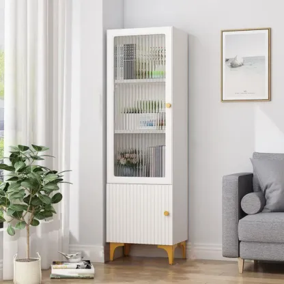 71.5" Wooden White Display Cabinet with Glass Doors for Save Space Image - 2