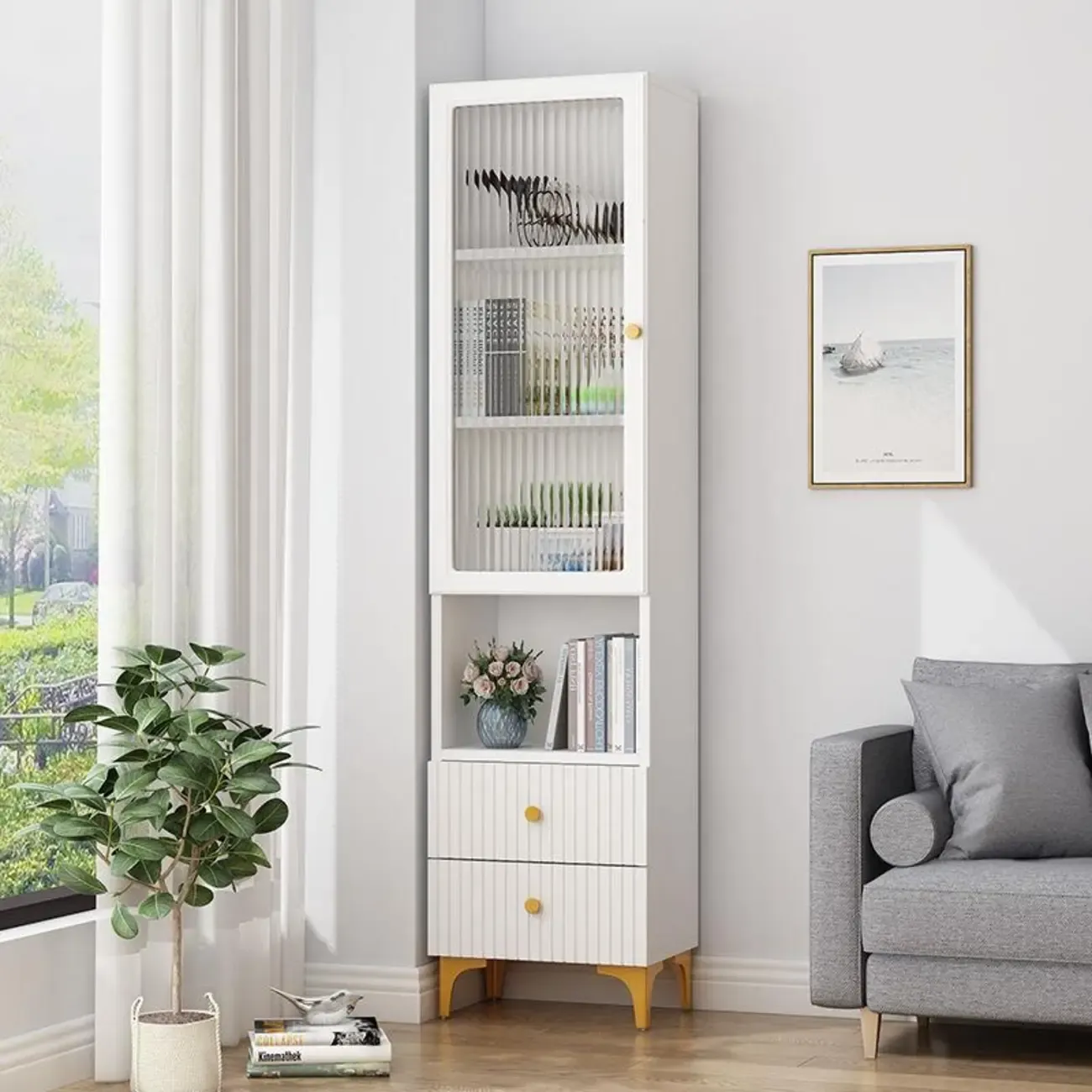 71.5" Wooden White Display Cabinet with Glass Doors for Save Space Image - 3