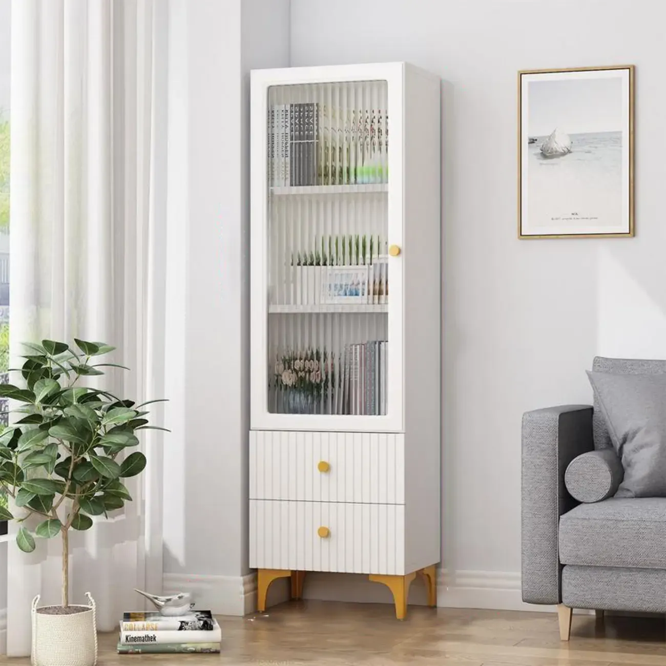 71.5" Wooden White Display Cabinet with Glass Doors for Save Space Image - 5