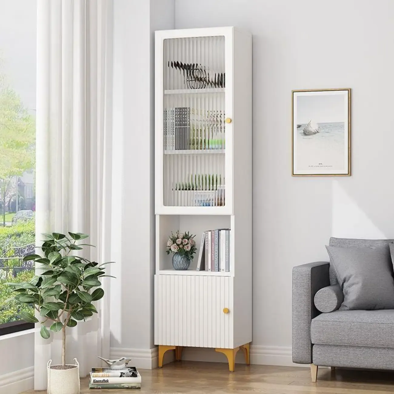 71.5" Wooden White Display Cabinet with Glass Doors for Save Space Image - 6