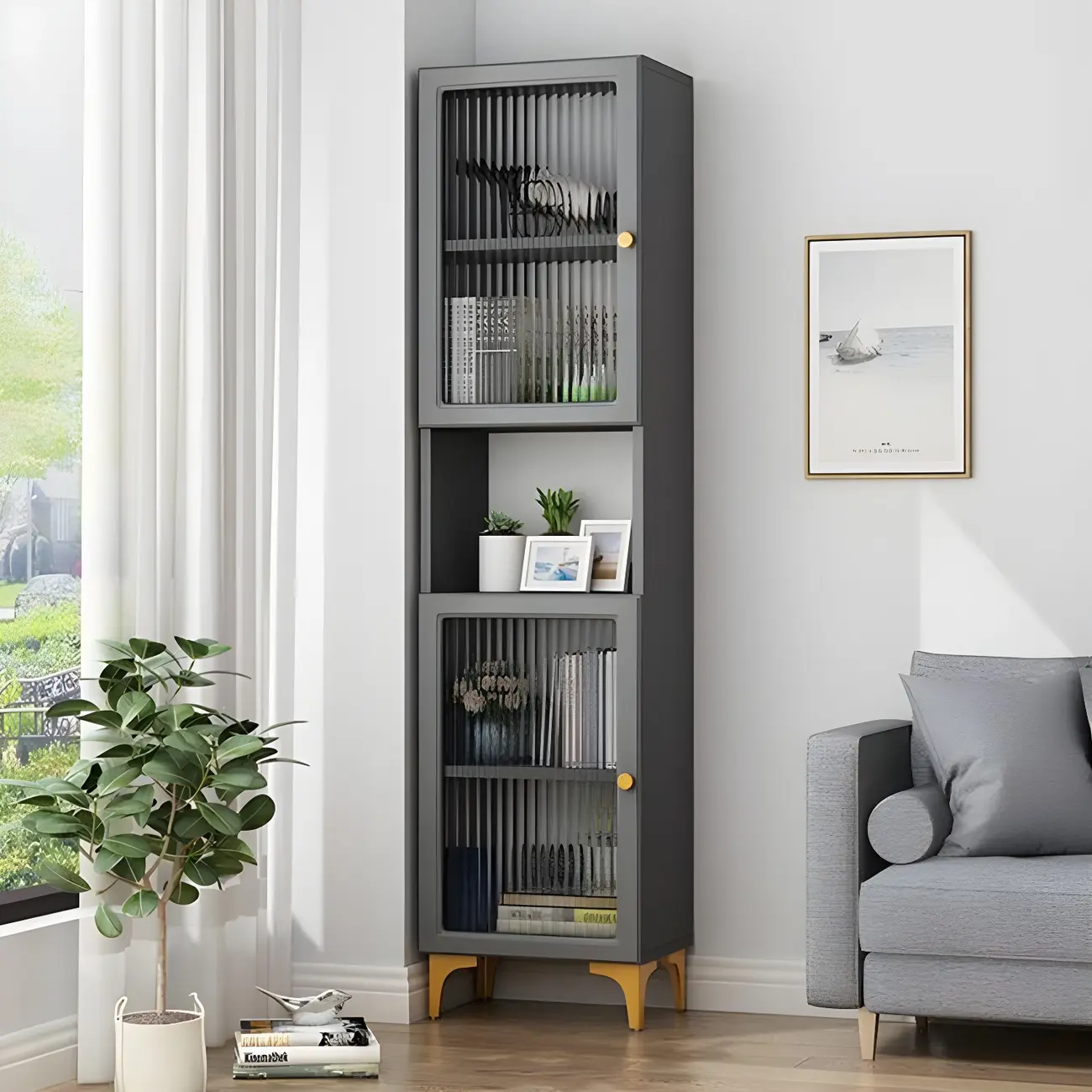 71.5" Wooden White Display Cabinet with Glass Doors for Save Space Image - 7 | homeyfad