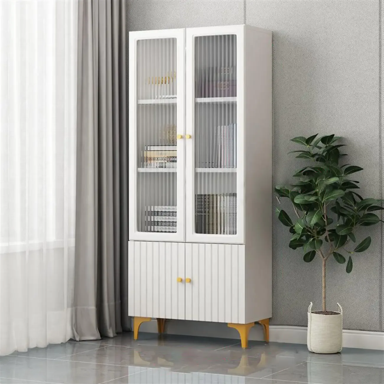 71.5" Wooden White Display Cabinet with Glass Doors for Save Space Image - 8