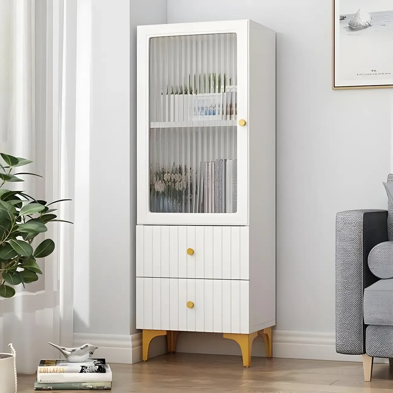 71.5" Wooden White Display Cabinet with Glass Doors for Save Space Image - 10