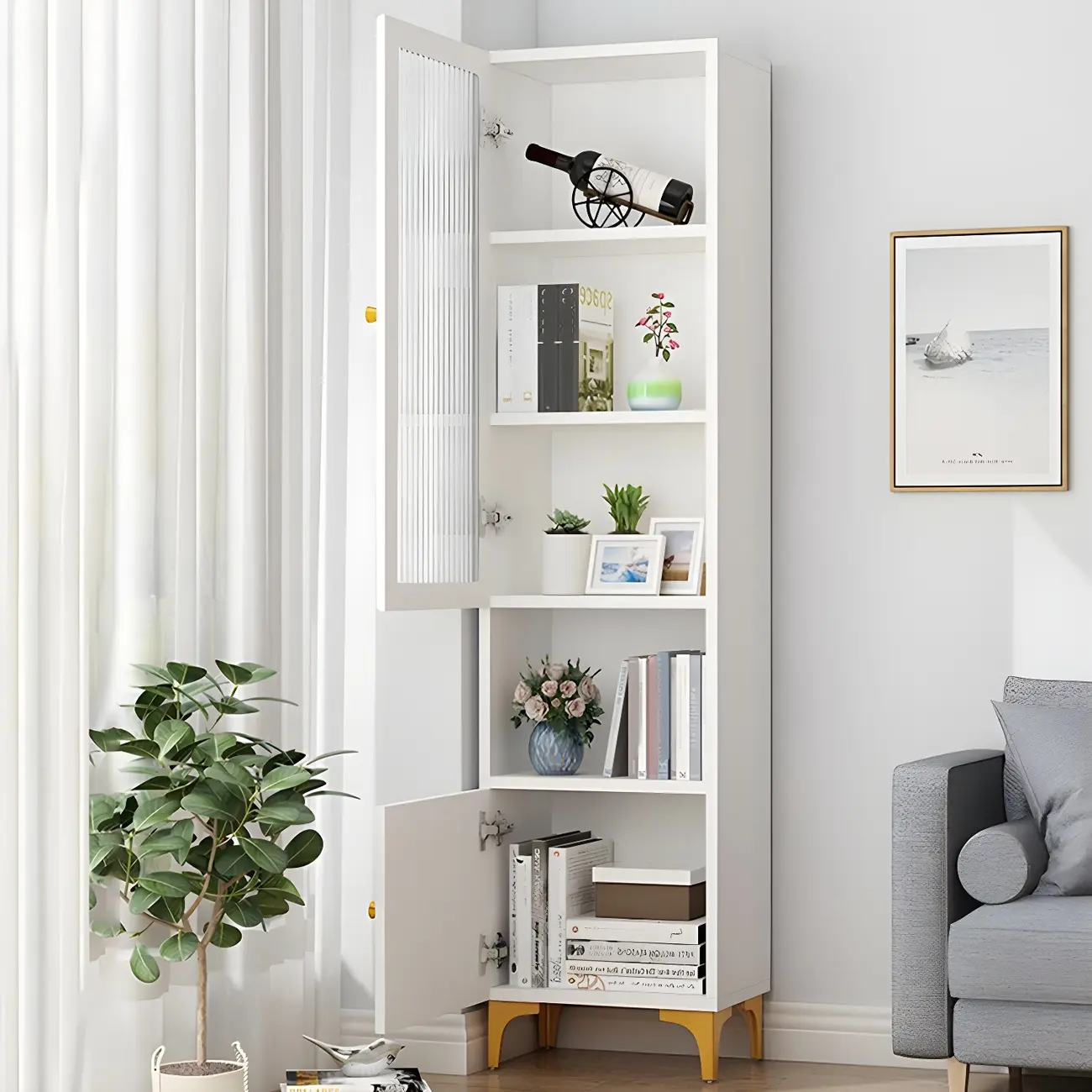 71.5" Wooden White Display Cabinet with Glass Doors for Save Space Image - 11 | homeyfad