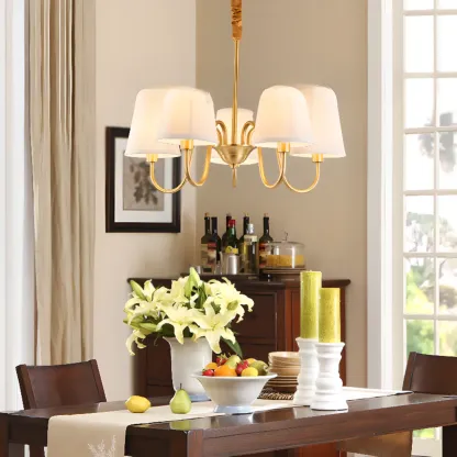 Modern Brass Hanging Chandelier with Fabric Shade Image - 1