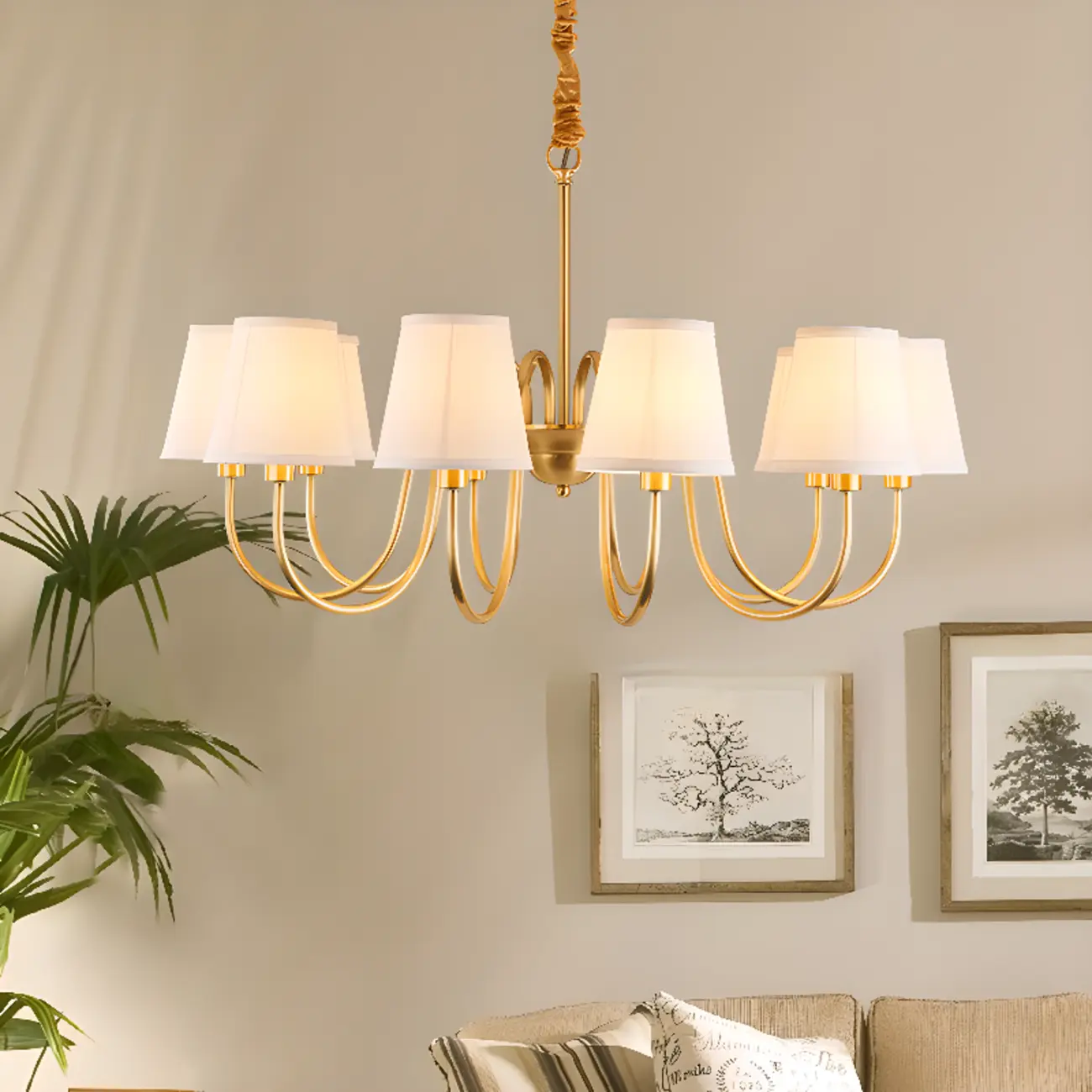Modern Brass Hanging Chandelier with Fabric Shade Image - 2 | homeyfad