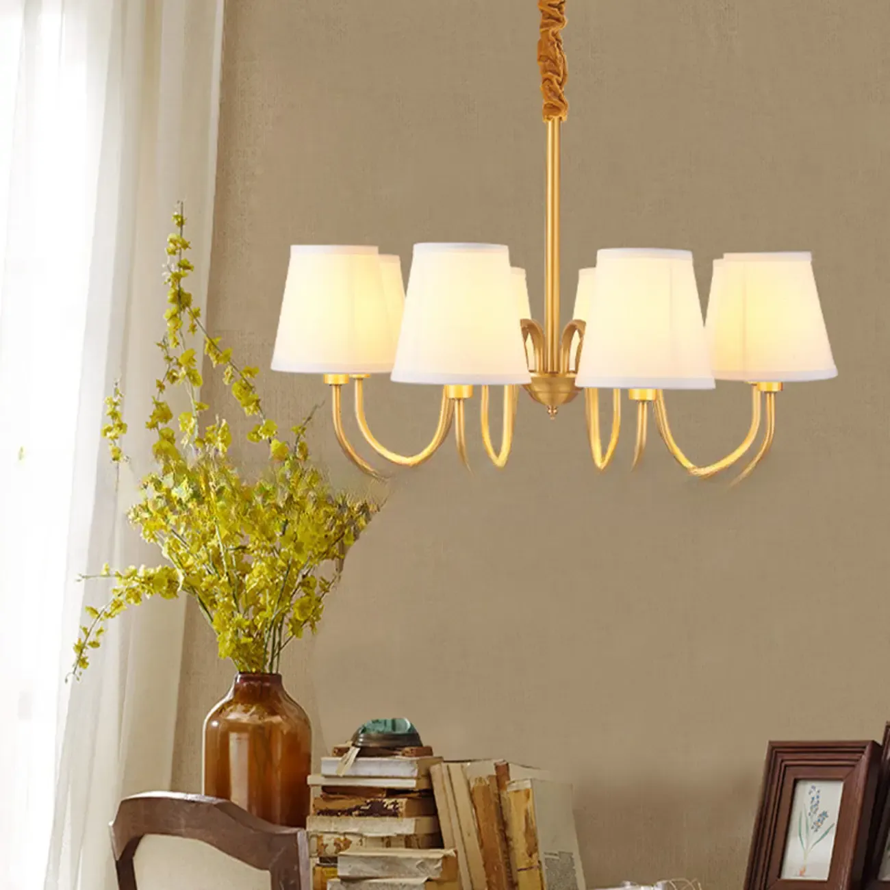 Modern Brass Hanging Chandelier with Fabric Shade Image - 3
