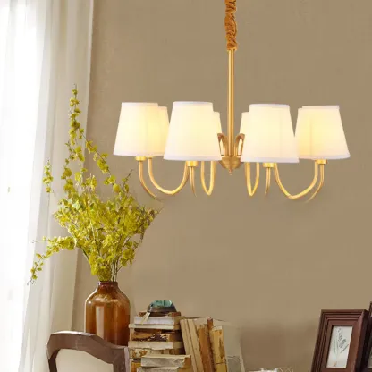 Modern Brass Hanging Chandelier with Fabric Shade Image - 3