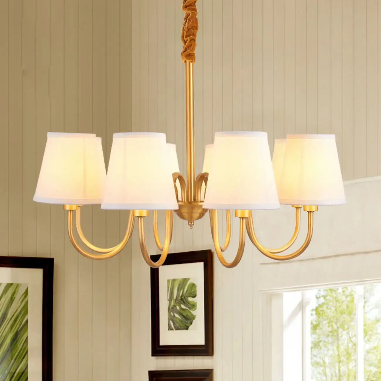 Modern Brass Hanging Chandelier with Fabric Shade Image - 4