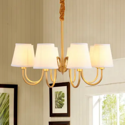 Modern Brass Hanging Chandelier with Fabric Shade Image - 4