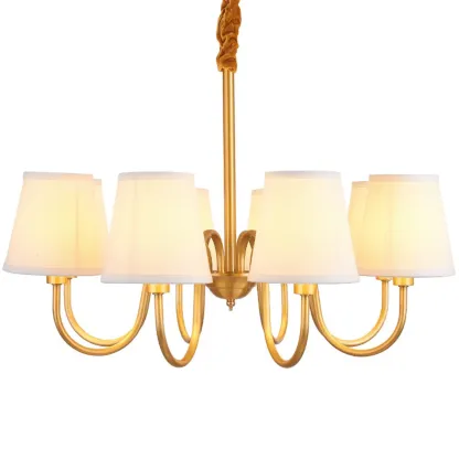 Modern Brass Hanging Chandelier with Fabric Shade Image - 5