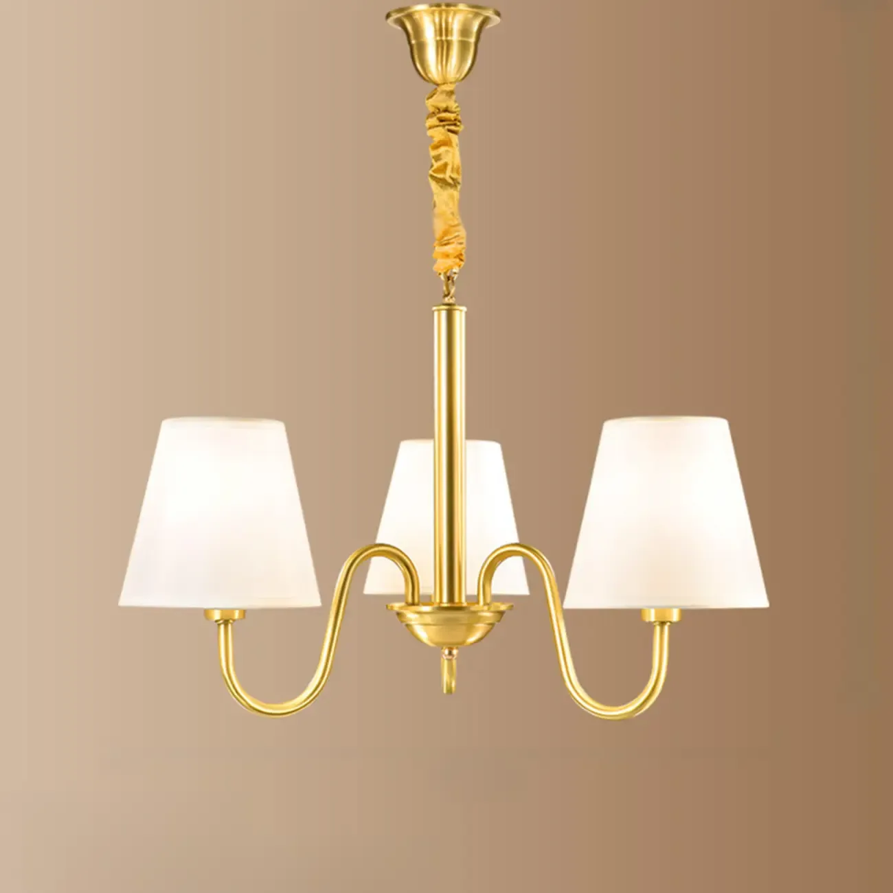 Modern Brass Hanging Chandelier with Fabric Shade Image - 6