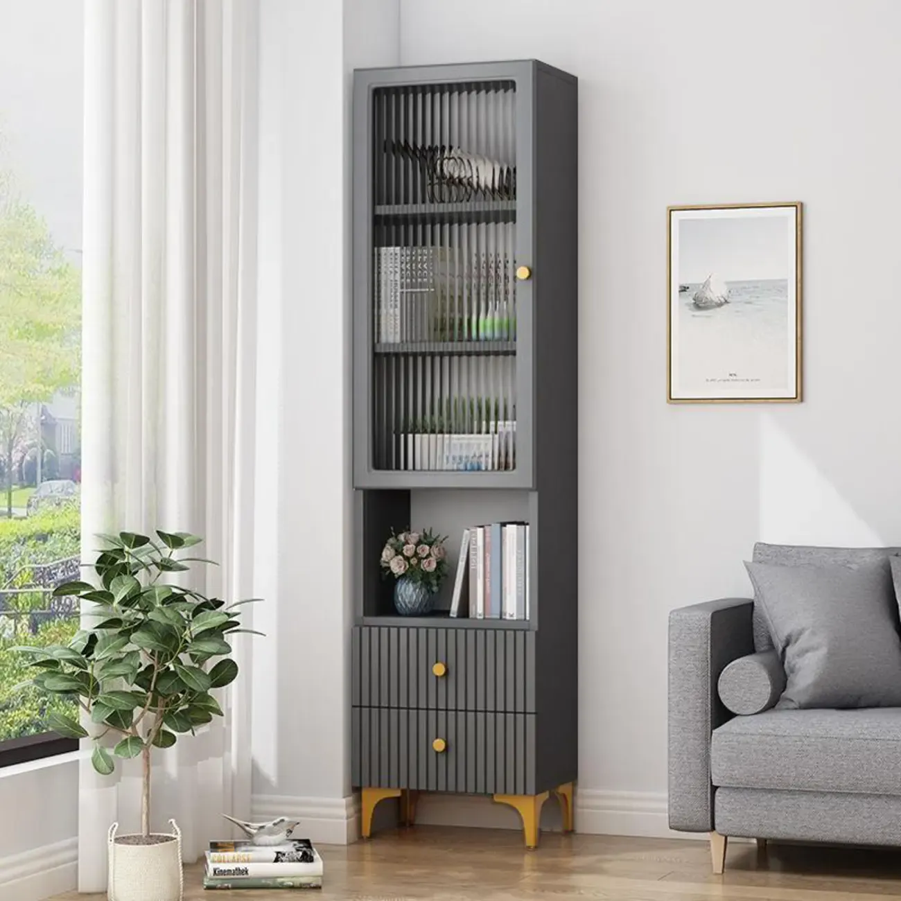 71.5" Wooden White Display Cabinet with Glass Doors for Save Space Image - 19