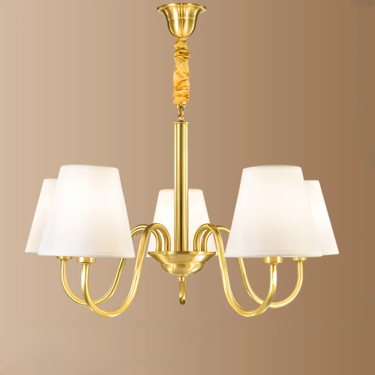 Modern Brass Hanging Chandelier with Fabric Shade Image - 7 | homeyfad