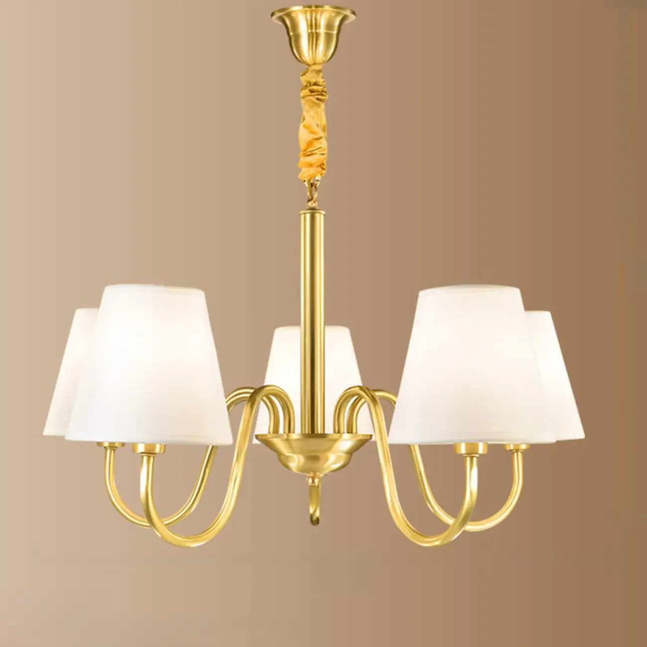 Modern Brass Hanging Chandelier with Fabric Shade Image - 7