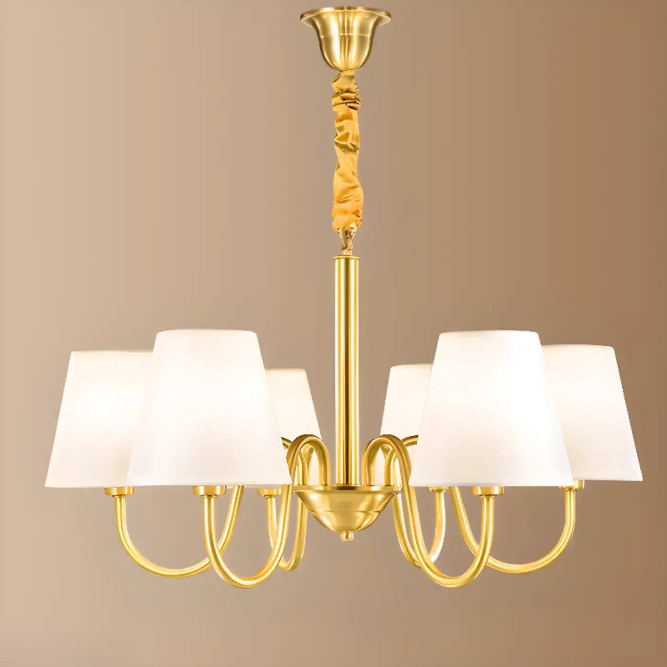 Modern Brass Hanging Chandelier with Fabric Shade Image - 8
