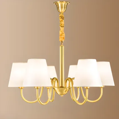 Modern Brass Hanging Chandelier with Fabric Shade Image - 8