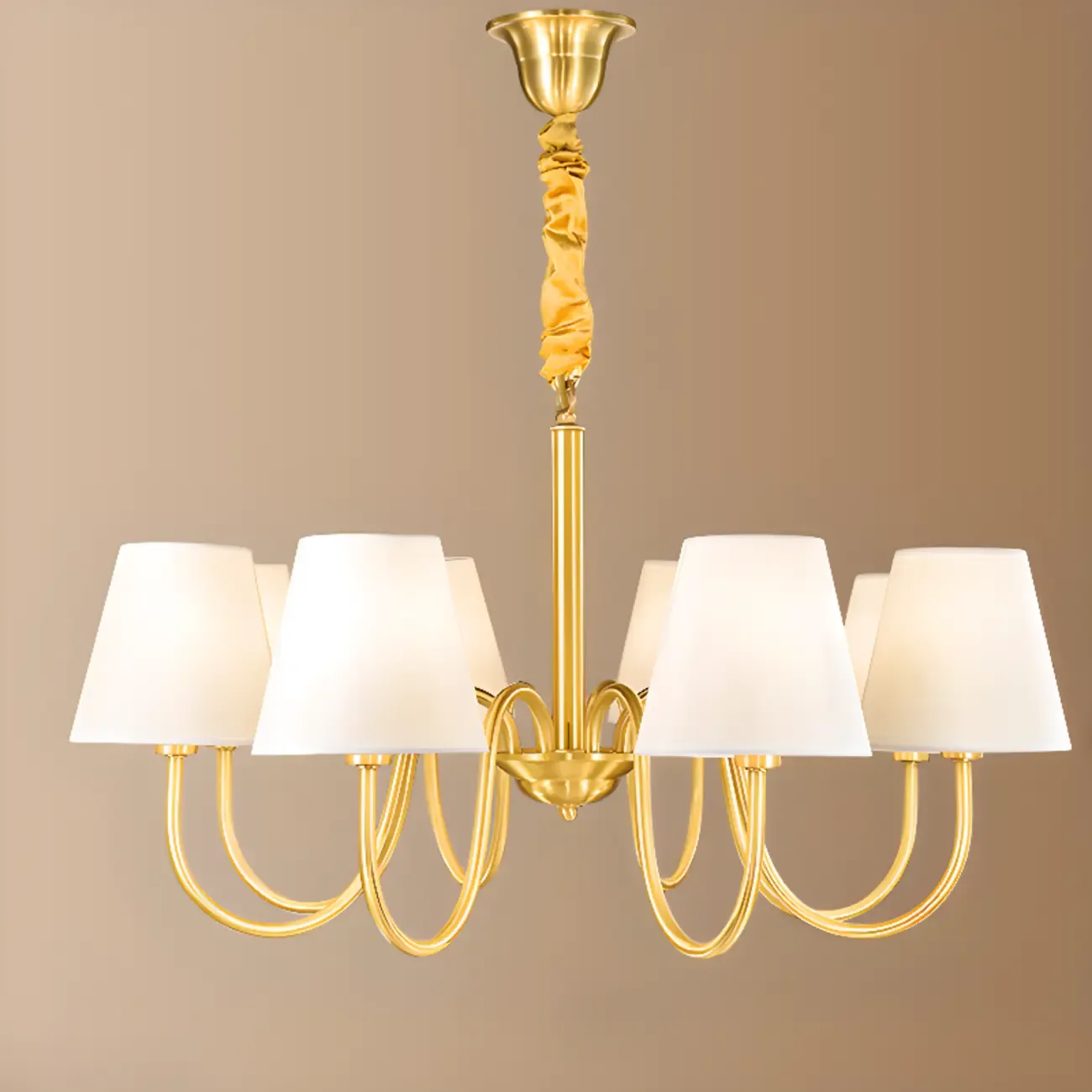 Modern Brass Hanging Chandelier with Fabric Shade Image - 9