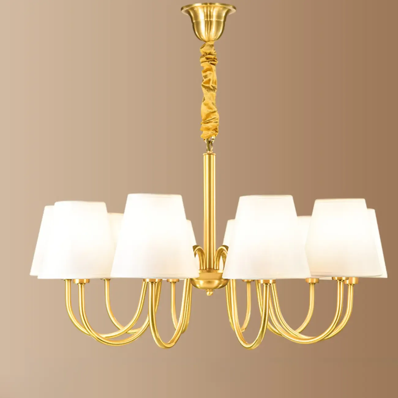 Modern Brass Hanging Chandelier with Fabric Shade Image - 10
