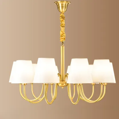 Modern Brass Hanging Chandelier with Fabric Shade Image - 10
