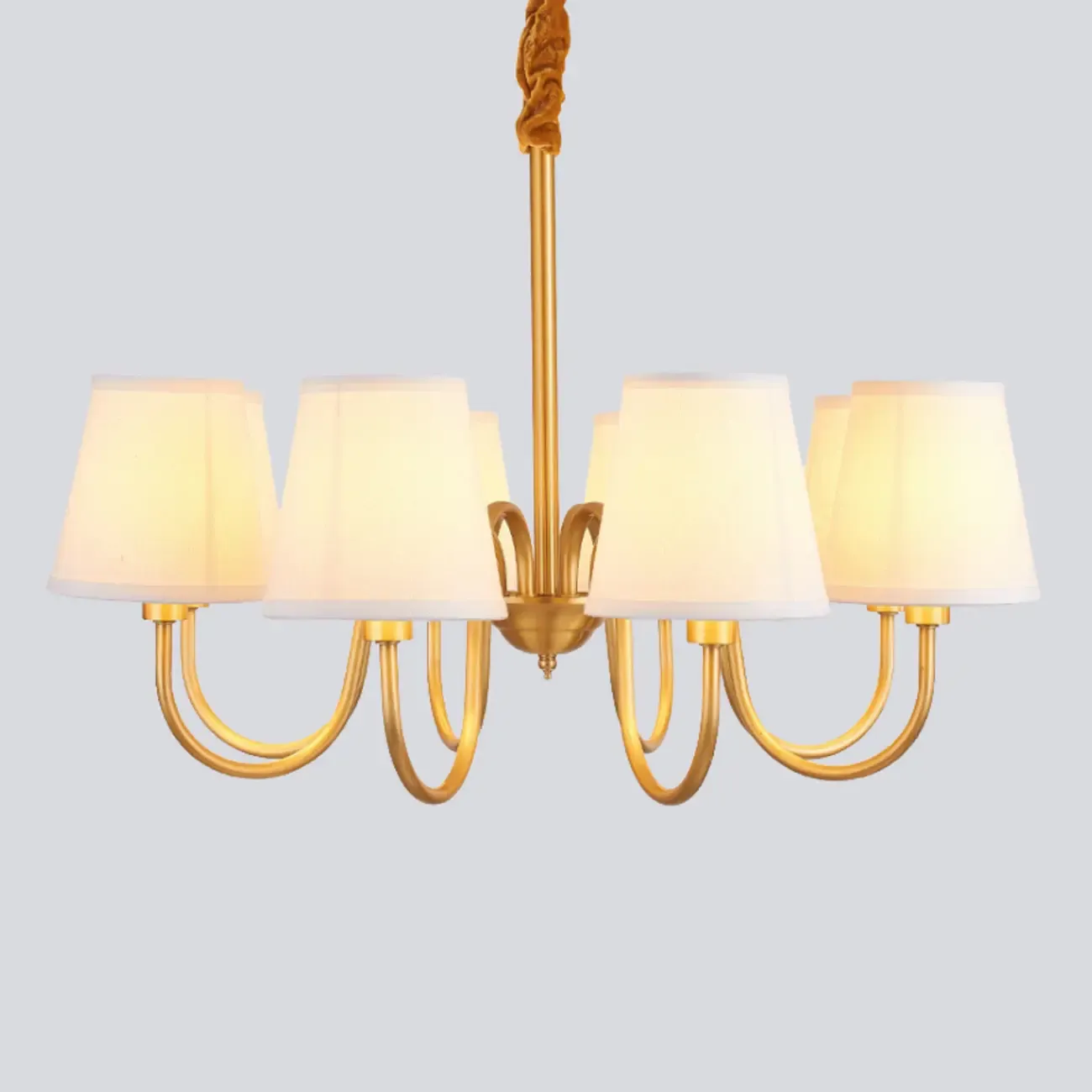 Modern Brass Hanging Chandelier with Fabric Shade Image - 11