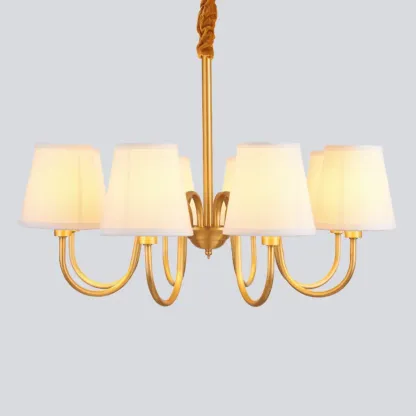 Modern Brass Hanging Chandelier with Fabric Shade Image - 11