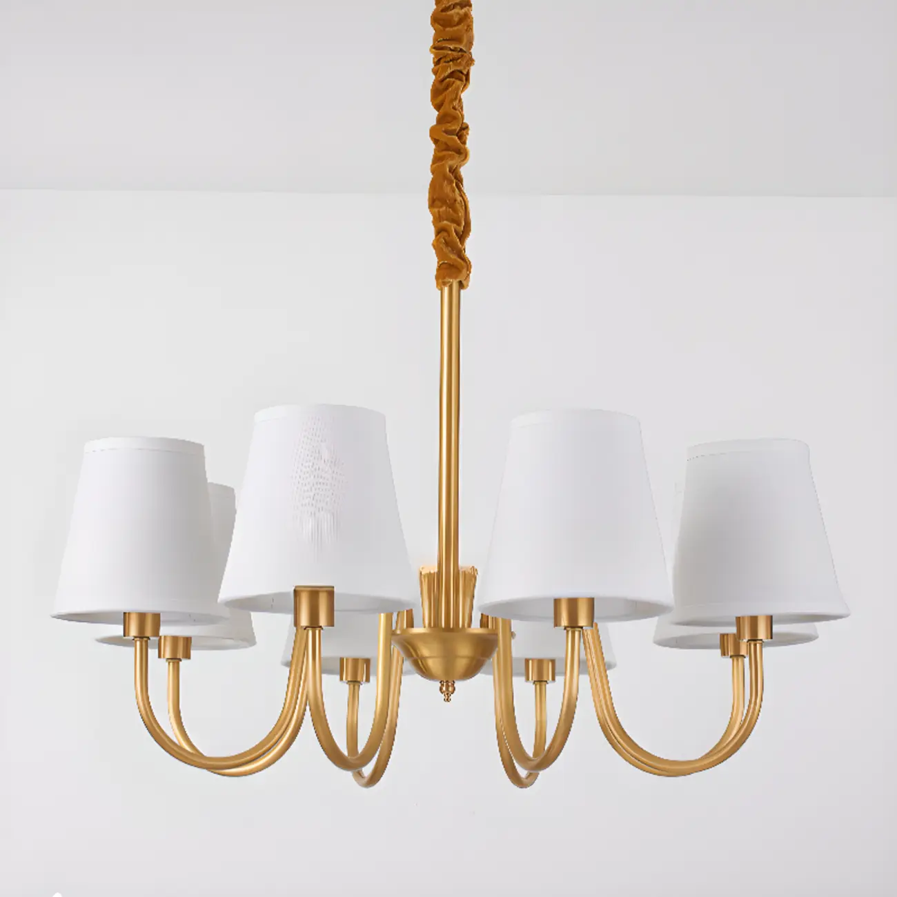 Modern Brass Hanging Chandelier with Fabric Shade Image - 12 | homeyfad