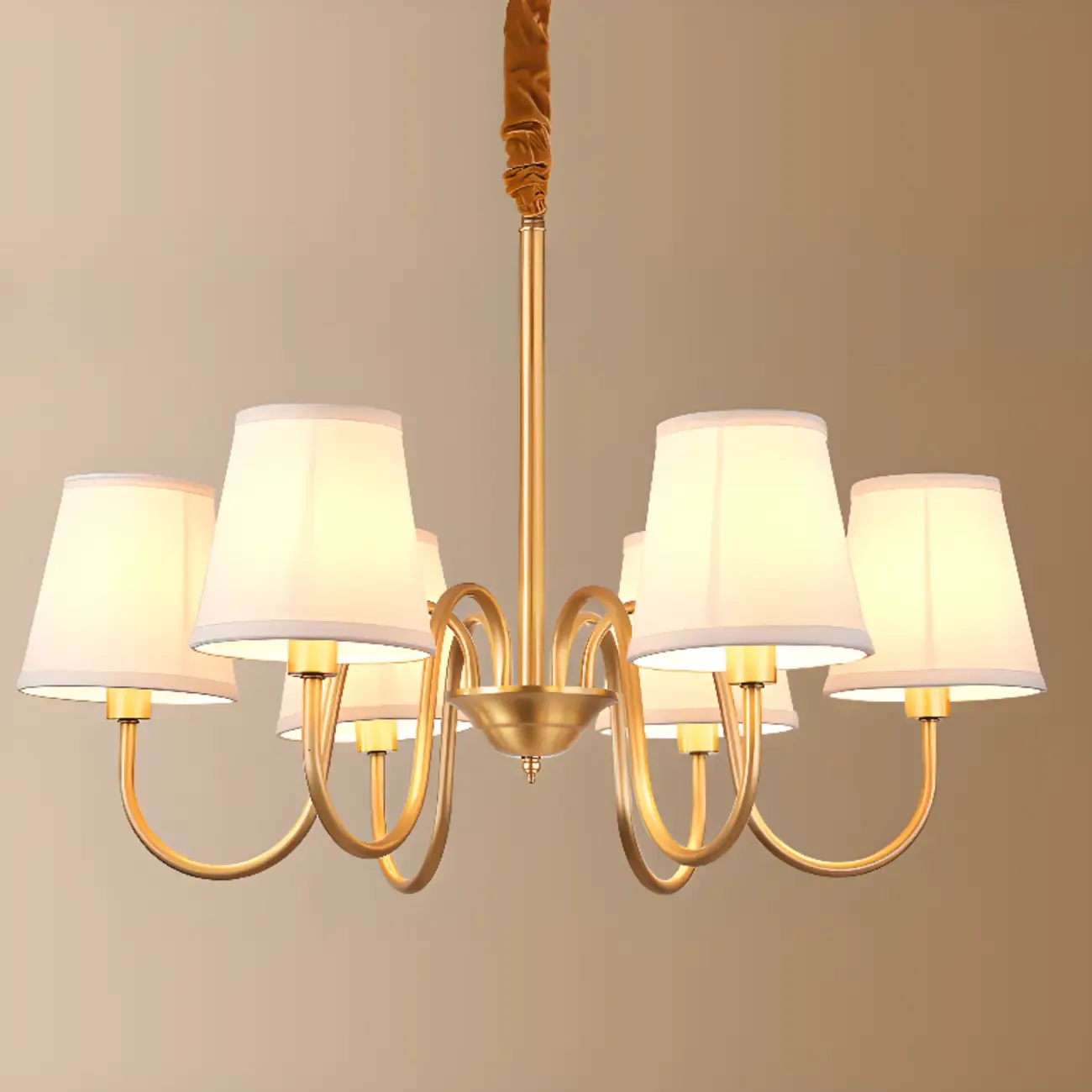 Modern Brass Hanging Chandelier with Fabric Shade Image - 13