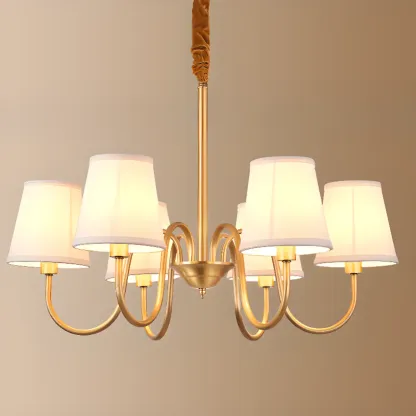 Modern Brass Hanging Chandelier with Fabric Shade Image - 13