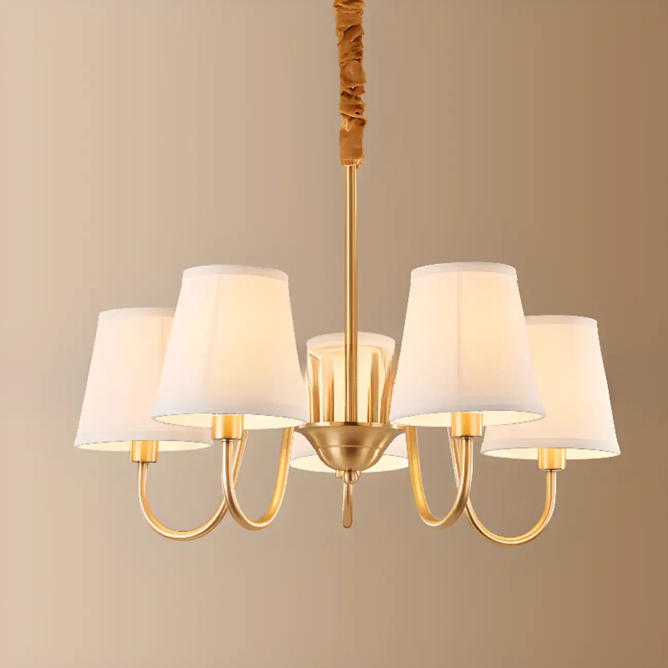 Modern Brass Hanging Chandelier with Fabric Shade Image - 14