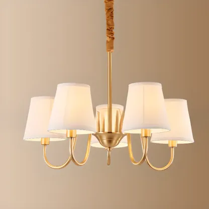 Modern Brass Hanging Chandelier with Fabric Shade Image - 14