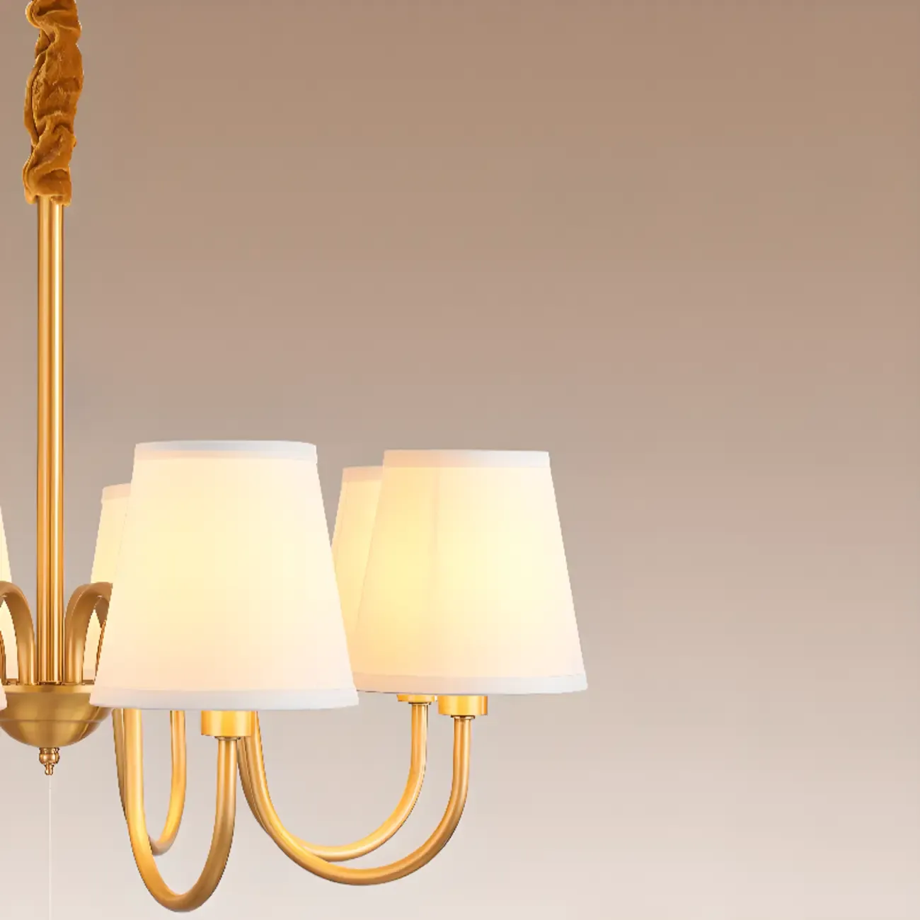 Modern Brass Hanging Chandelier with Fabric Shade Image - 15