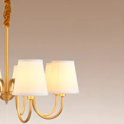 Modern Brass Hanging Chandelier with Fabric Shade Image - 15