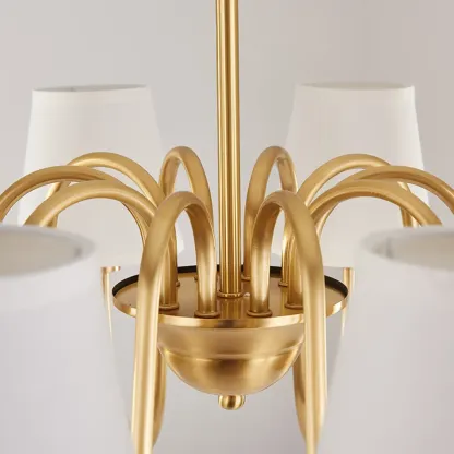 Modern Brass Hanging Chandelier with Fabric Shade Image - 19