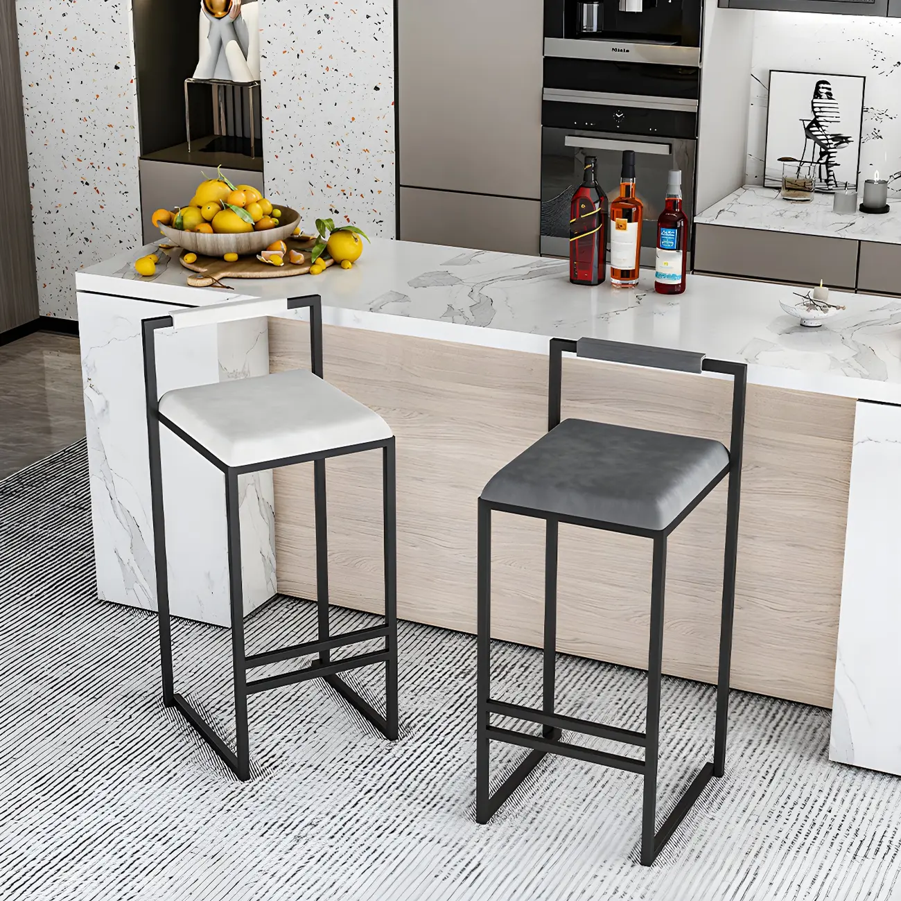 Nordic Metal Cushion Bar Stools with Open Low Back for Kitchen Image - 1 | homeyfad