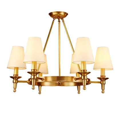 Vintage Gold Round Chandelier with Fabric Cone Lampshade Image - 6