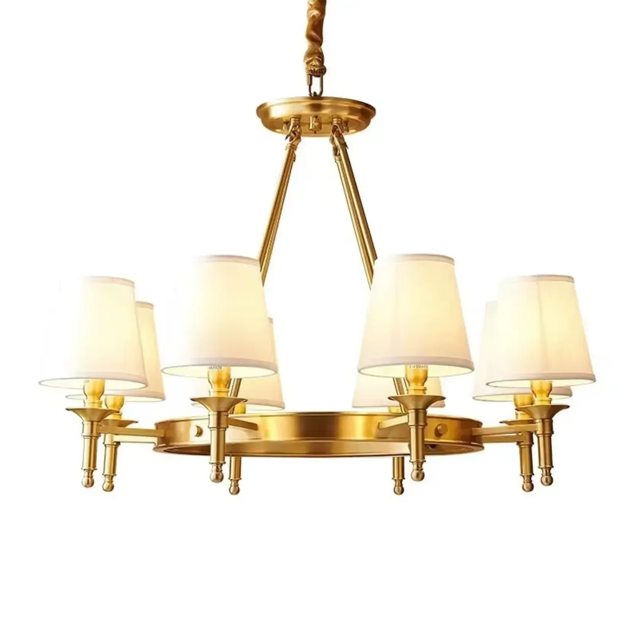 Vintage Gold Round Chandelier with Fabric Cone Lampshade Image - 9