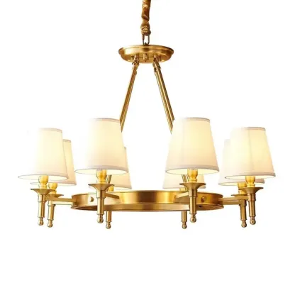 Vintage Gold Round Chandelier with Fabric Cone Lampshade Image - 9