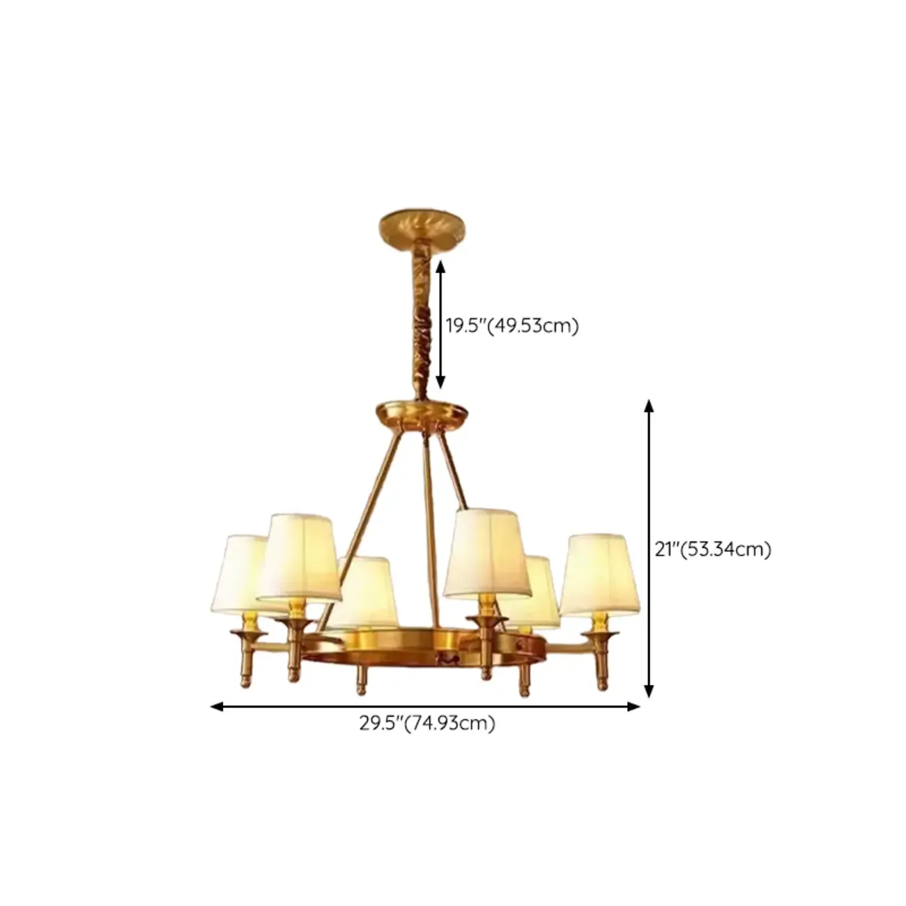 Vintage Gold Round Chandelier with Fabric Cone Lampshade Image - 12