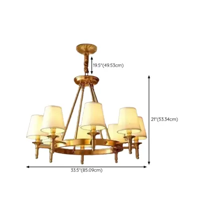 Vintage Gold Round Chandelier with Fabric Cone Lampshade Image - 13