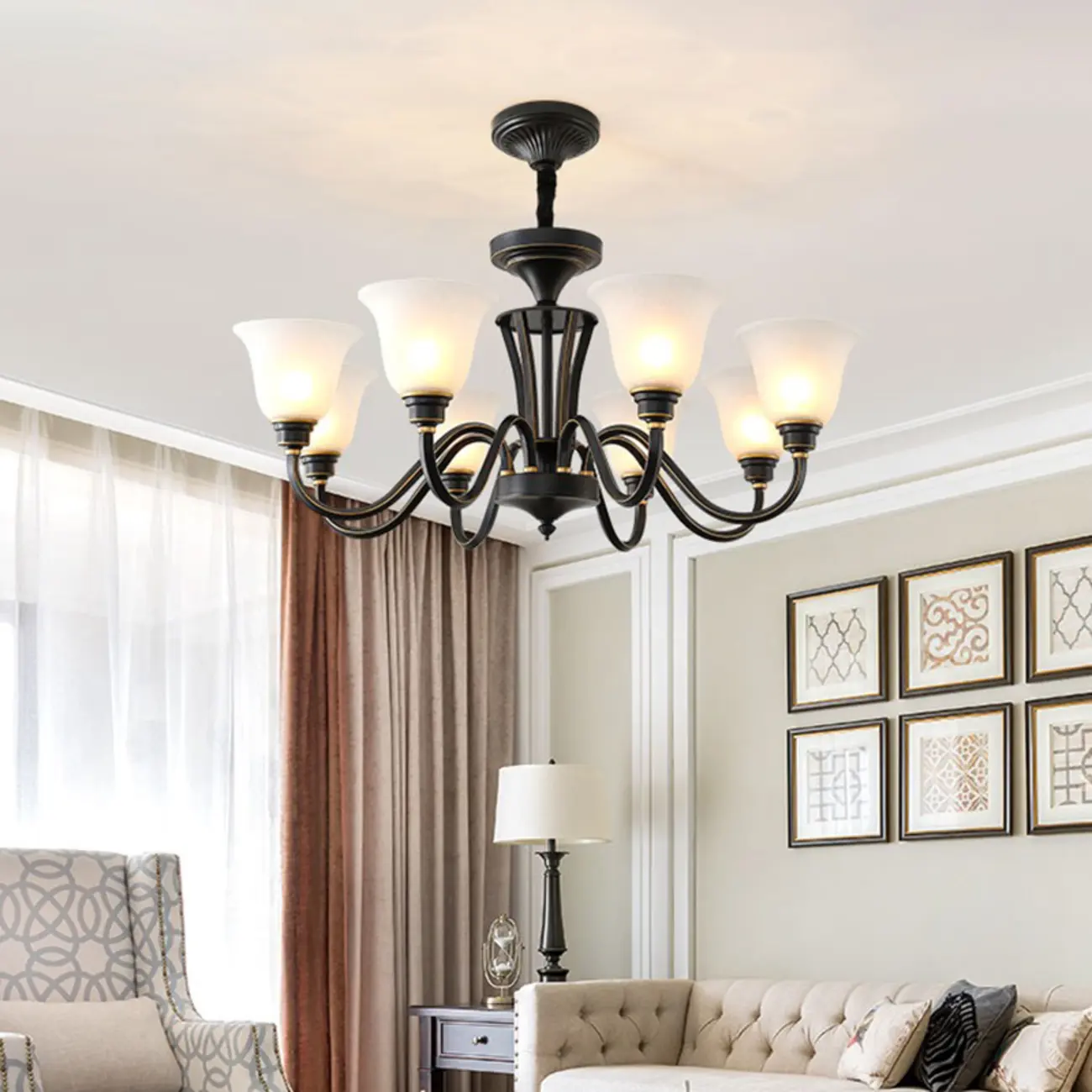 Multi-Light Vintage Metal Chandelier with White Glass Shade Image - 8 | homeyfad