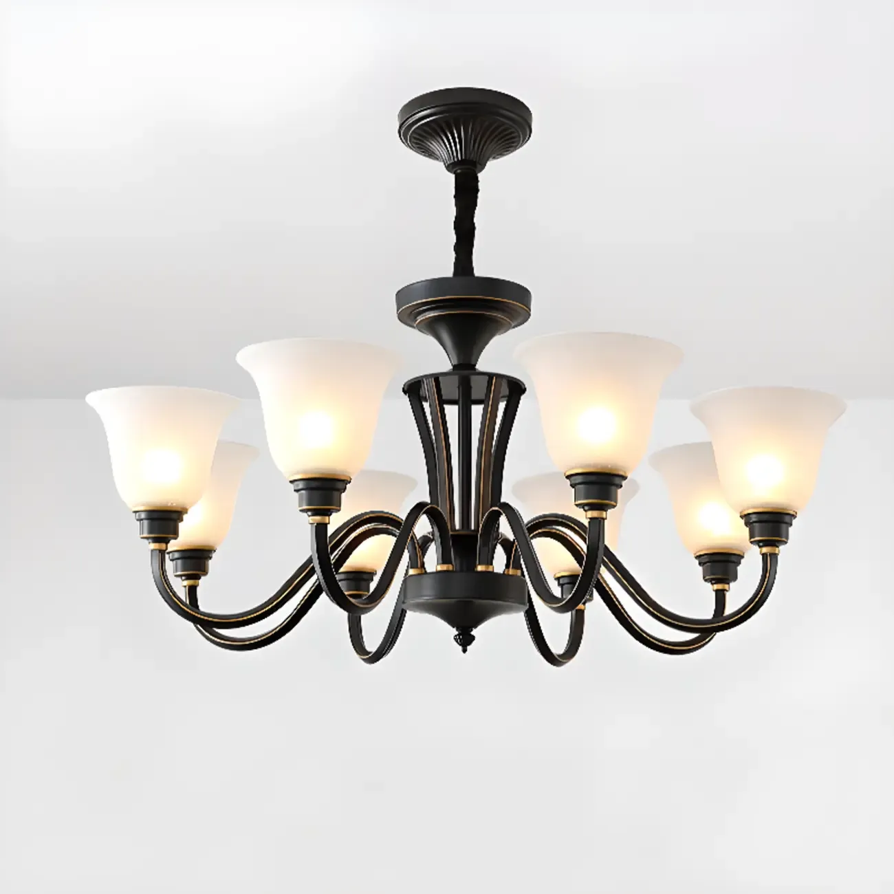 Multi-Light Vintage Metal Chandelier with White Glass Shade Image - 12