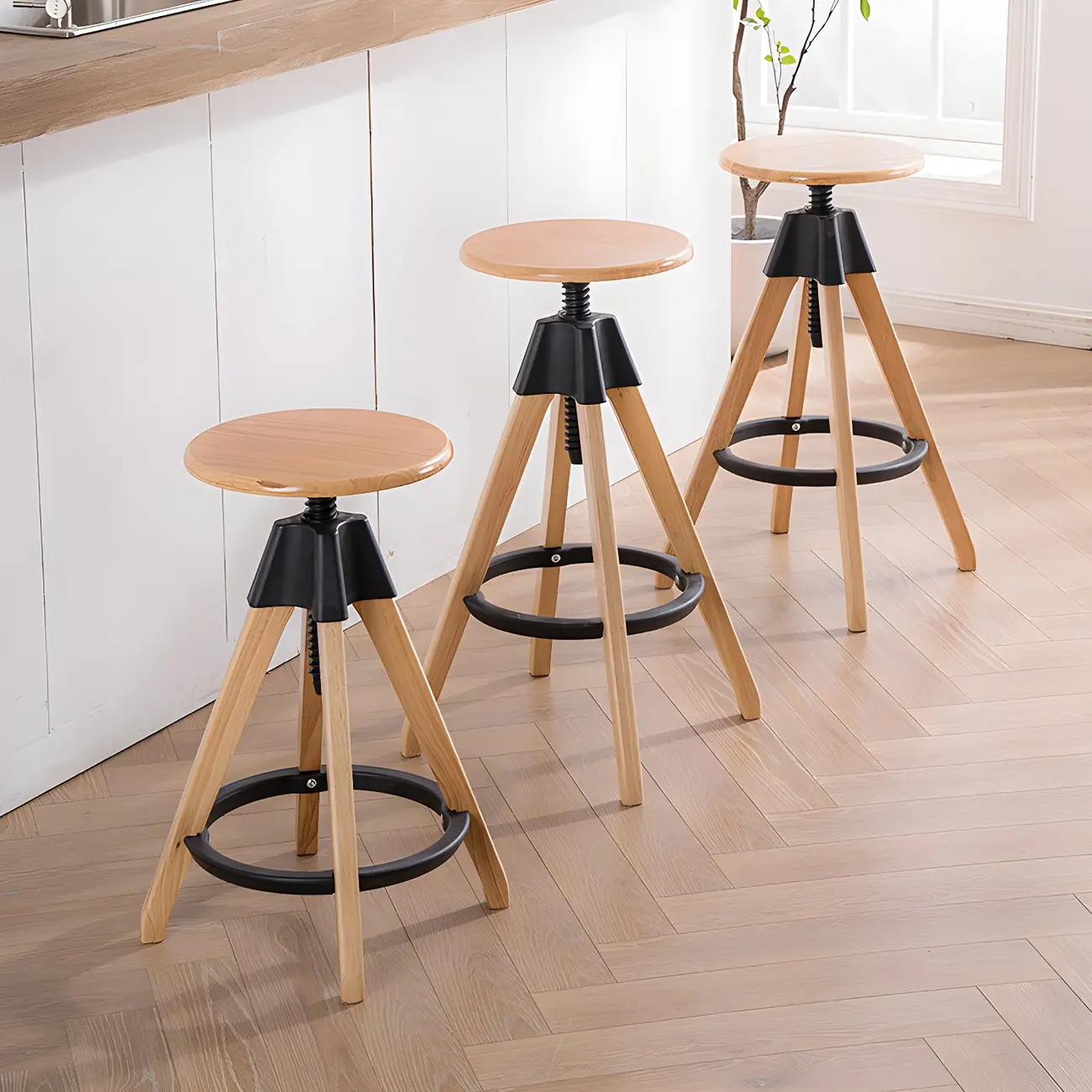Adjustable Brown Wooden Swivel Backless Bar Stools Image - 1 | homeyfad