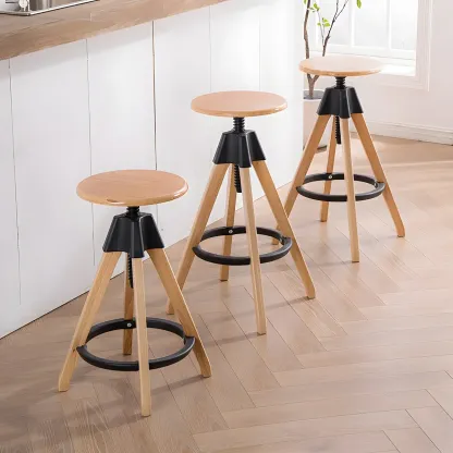 Adjustable Brown Wooden Swivel Backless Bar Stools Image - 1