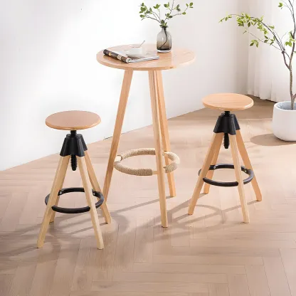 Adjustable Brown Wooden Swivel Backless Bar Stools Image - 4